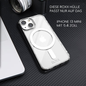 ROXX iPhone 13 Mini (5,4 Zoll) MagSafe Antigelb Clear Case Hardcase Hülle | 9H Kratzfeste Glasrückseite
