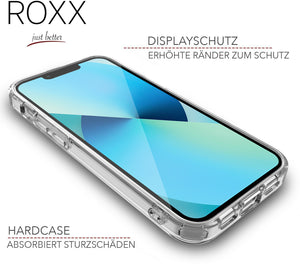 ROXX iPhone 13 Mini (5,4 Zoll) Antigelb Clear Case Hardcase Hülle | 9H Kratzfeste Glasrückseite