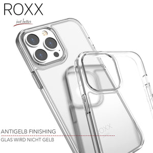 ROXX iPhone 13 Pro Max (6,7 Zoll) Antigelb Clear Case Hardcase Hülle | 9H Kratzfeste Glasrückseite